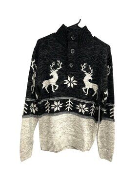Amongst Others Medium Reindeer Pattern Sweater Black Beige Button Collar NEW